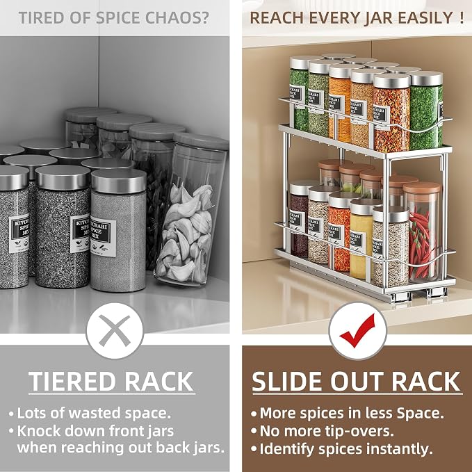 Bunoxea Pull Out Spice Rack 2 Pack,Slide Out Cabinet Spice Rack,Silver | 2-Tier Rack, Full Extension Ball Bearing Glides, 10.7"Dx4.8"Wx8.85"H, Kitchen Pantry,Narrow Cabinet Spice Storage Organizer