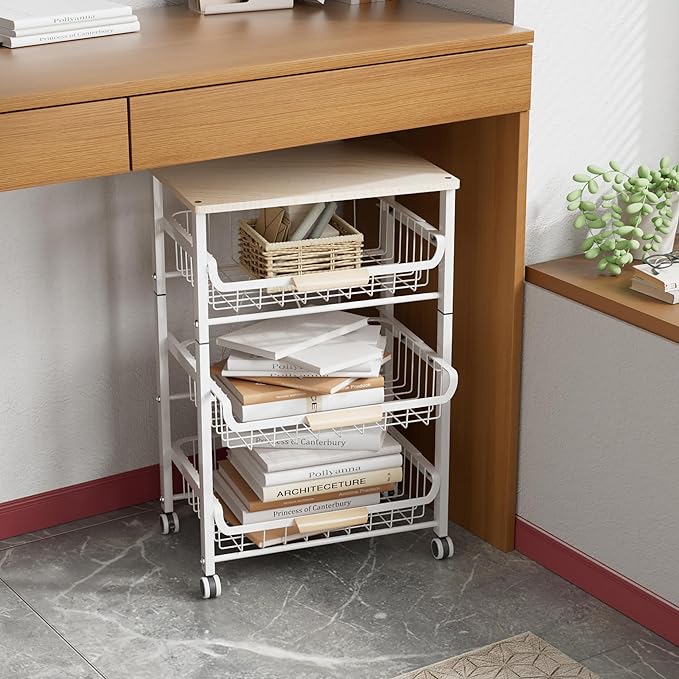 NiuYichee 4-Layer Fruit Basket Kitchen Food Organizer and Rack, Stackable Storage Cart with Desktop, Pull-Out Hollow Metal Basket, Sliding Out Storage (Black 4-Layer Rack)