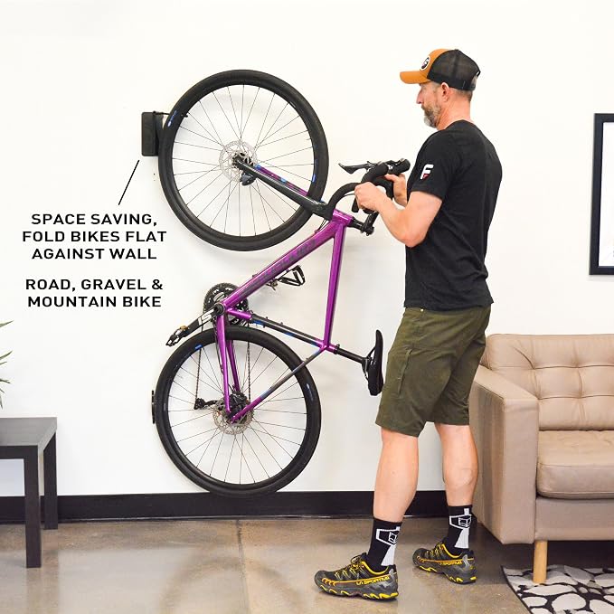 FEEDBACK SPORTS Velo Hinge 2.0 Pivoting Swivel Bike Wall Mount, 1 Pack | Swivels bikes toward the wall for space-saving storage; fold-away hook works in garages, apartments and sheds