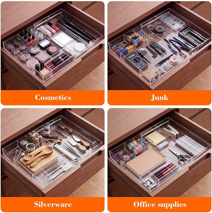 Briwooody Clear Acrylic Drawer Organizer Expandable,11 Compartments,Small | 9'' up to 18'' x 12'' x 2.1'' Desk Drawer Organizer Trays Adjustable with Desk Accessories for Makeup Office Bathroom