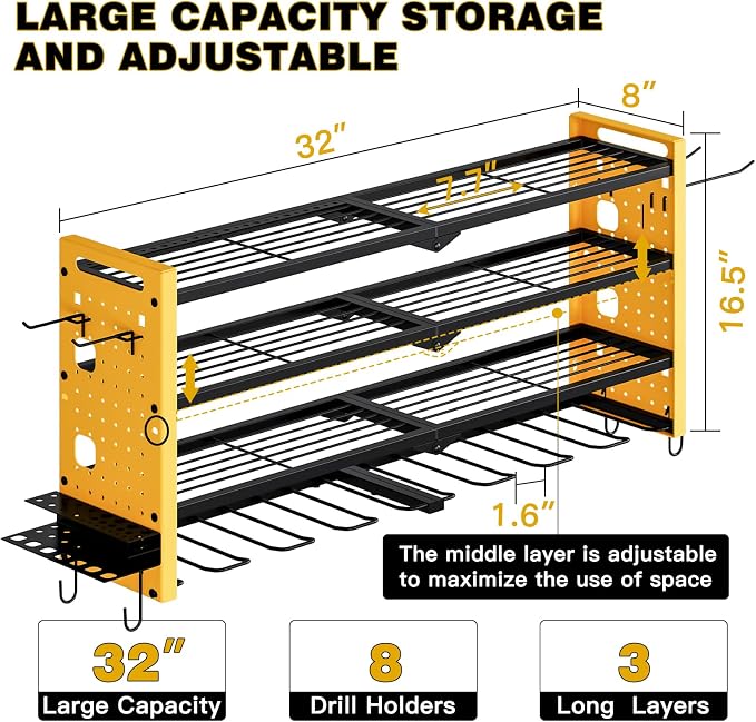 NattyDot Power Tool Drill Holder Wall Mount, 4Tier Garage Organizer, Yellow | 4-tier Utility Rack Stores 8 Cordless Drills, Batteries and Accessories while Freeing Extra Garage Wall Storage Space