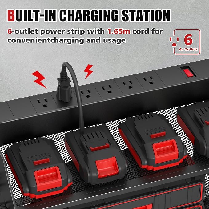 SUNALLY Power Tool Organizer Wall Mount with Charging Station,3 Layer, Red | Metal Tool Storage Rack with 4 Drill Holders, Heavy Duty Power Tool Shelf for Garage,Warehouse,Workshop, Gift for Men,Husband