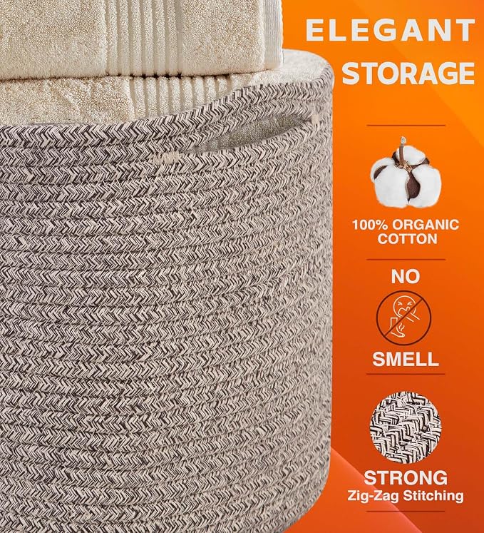 CHAT BLANC Cotton Rope Baskets for Organizing, Shelves, Toys, Storage, Shoe, Bathroom, Laundry, Towel, Nursery, Home Decor, Blanket, Cloth Woven Bins Fabric (Brown, 15"x10"x9")
