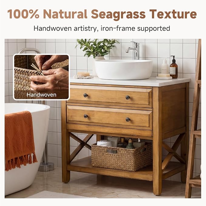 StorageWorks Large Wicker Baskets for Storage, Woven Baskets for Storage | Seagrass, Pantry Shelves, Kitchen Closet, Laundry, Bathroom, Table, Decorative, Book, Towel, Blanket, Toy, Medium, Handle