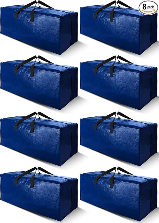 Cosy Family 8 Pack Heavy Duty Extra Large Moving Bags with Backpack Straps - Strong Handles & Zippers, Storage Totes For Space Saving, Fold Flat, Alternative to Moving Box (40 gal, Blue)