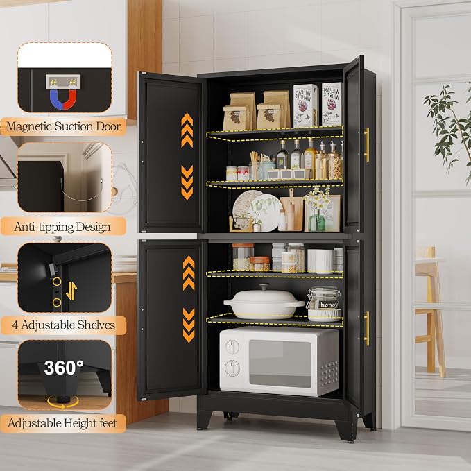 GAIOUS 75.2" Tall Metal Pantry Cabinet, Storage Cabinets with 4 Door and 4 Adjustable Shelves, Black Kitchen Pantry Storage Cabinet, Freestanding Cupboard for Kitchen Dining Room Living Room Bathroom