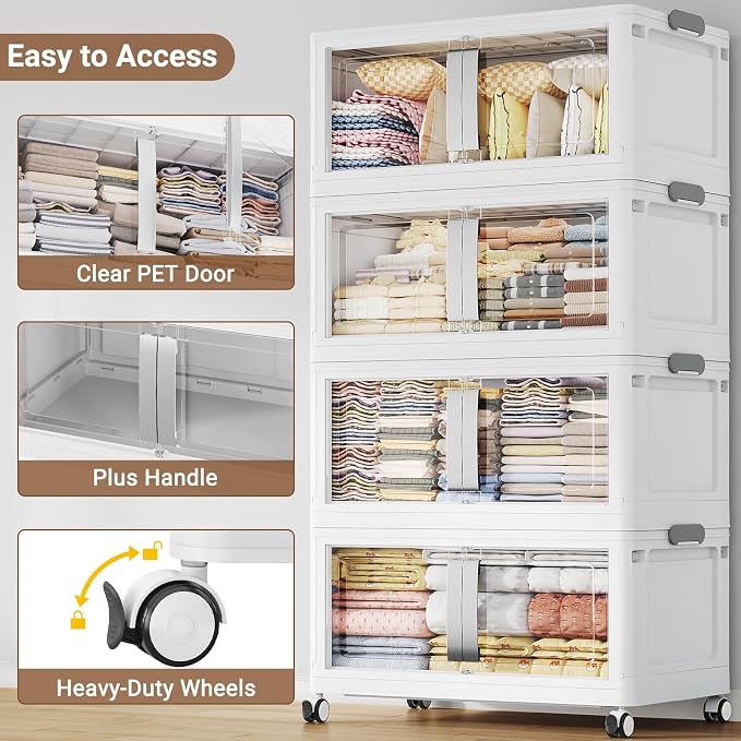 BROVIEW 480QT Stackable Storage Bins with Lids, 120Gal Extra Large Collapsible Storage Box with Wheel, Plastic Storages with Clear Door Open Front for Home Kitchen Garage, White-3pack(3 lids)