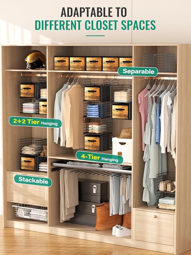 Hanging Closet Organizer with Drawers, 4 Tier Metal Closet Organizers and Storage with 4 Hanging Hooks 4 S-Hooks for Wardrobe Laundry Room, Wire Storage Shelf for Clothes Sweaters Pants (Black)