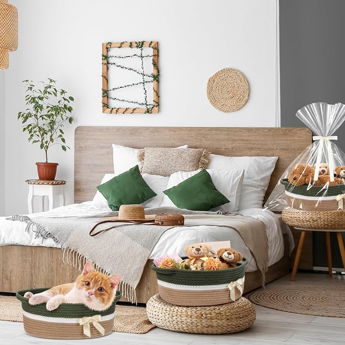 Colingmill 1 Set Woven Empty Basket for Gift,Green Khaki | with Cellophane Wrap Set, 14 x 10 x 5.5 Inch, Medium Decorative Gift Basket, Cotton Rope Storage Box, Home Decor