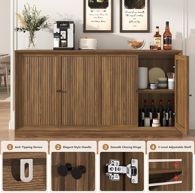 Hlivelood 63” Fluted Sideboard Buffet Cabinet with Storage, Mid Century Modern Wooden Credenza with 4 Doors & Adjustable Shelves, Beveled Edge Storage Cabinet for Kitchen, Living Room (Walnut)
