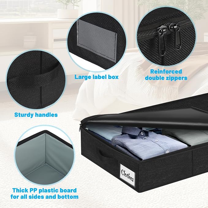 Under Bed Storage Container Bins 4 Pack, 4 Inch Thin Low Profile Underbed Clothes Storage Organizer for Dorm & Home, Use for Blanket and Toy Storage Box W/ Sturdy Bottom/Sides, Foldable Thick Fabric