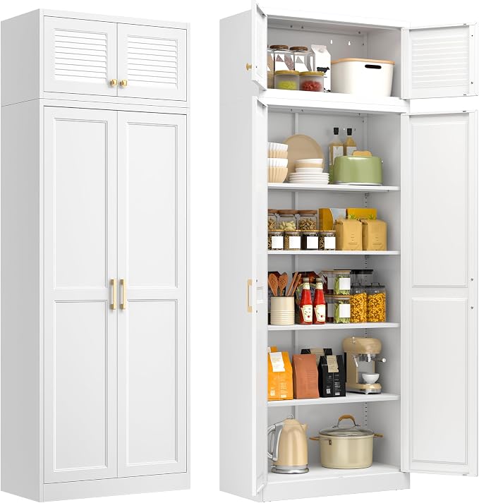 86" Tall Metal Kitchen Pantry Storage Cabinet with Adjustable Shelves | Extra Large Heavy Duty Steel Storage Cabinet for Kitchen, Garage, Living Room, White (2 Packages)