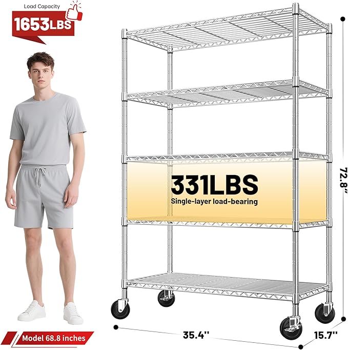 REIBII 72.8" Wire Shelving with Wheels,5 Tier 1653LBS Heavy Duty Shelves | Chrome rolling rack, 331 lbs/shelf, 5-tier, lockable wheels, rust-proof, adjustable height, tool-free, garage, kitchen