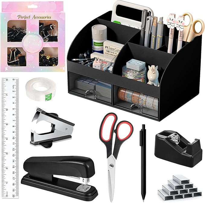 COMFYROOM Black Desk Accessories with Pen Holder, Office Supplies Desk Organizers and Accessories, Tape Dispenser, Stapler, Staple Remover, Staples, Clips Set, Ruler, Scissor, Pen, Tape (Black)
