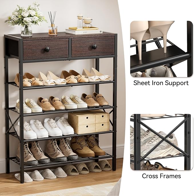 5 Tier Shoe Rack with 2 Drawers, 16-20 Pairs Dark Brown | Holds 16-20 pairs. 2 drawers for socks/keys. Removable layer for boots. Anti-tip kit included. Quick assembly.