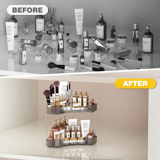 Asayuee 2-Tier Corner Bathroom Counter Organizer with Top Toothbrush Holders,Large Makeup Organizer Countertop with Brush Holder,Skincare Organizers Corner,Exquisite Vanity Organizer (Gray, 2 Tier)