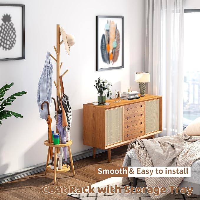 Freestanding Coat Rack with Umbrella Organizer Tray Bamboo Coat Tree Rack with 8 Hook Stand for Clothes Bag Hats Entryway Hanger Stand(Nature)