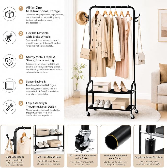 EVLIQUIL Metal Garment Rack with 2-Tier Shelves, Wheels & Side Hooks, Black