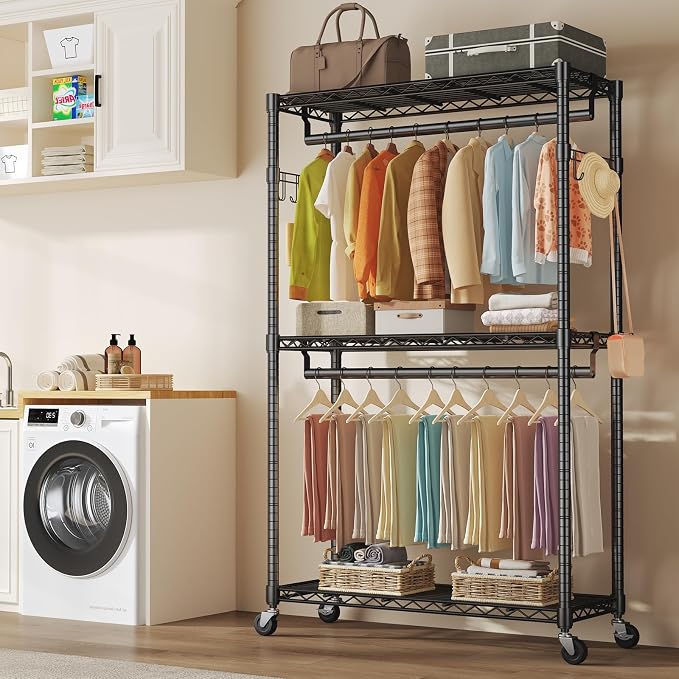 OLIXIS Rolling Clothes Rack, Heavy Duty Garment Rack, 47 IN, Metal Black | Adjustable Closet Organizer for Hanging Clothes, Portable Closet with 2 Side Hooks