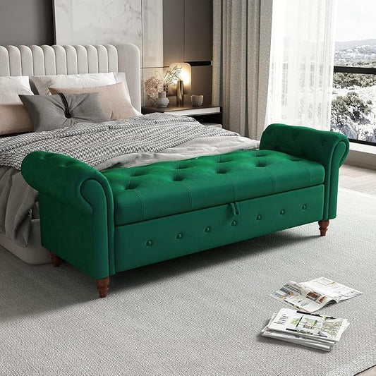 NIOIIKIT 63'' Storage Ottoman Bench Tufted Entryway Bench Dark Green Velvet | Button Tufted End of Bed, Large Storage Space, Rolled Armed Ottoman Couch Long Bench for Bedroom, Living Room, Hallway