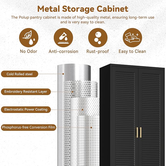 Polup 75" Pantry Cabinet, Tall Metal Storage Cabinet with Doors and Shelves | Black Kitchen Cabinet, 5 Adjustable Shelving, Heavy-Duty Steel, Louvered Doors, Gold Handles, for Garage Office & Laundry