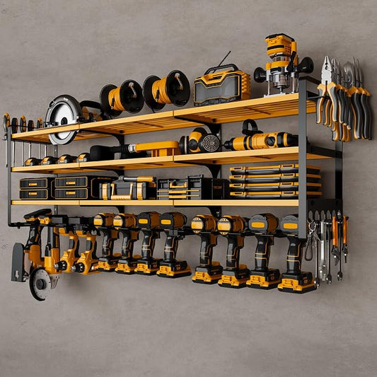 NattyDot Power Tool Organizer Wall Mount, 48-Inch 12 Drill Holders, Yellow | Extra-wide 48-inch Heavy-duty Wall Rack Stores 12 Cordless Drills and Assorted Tools, Maximizing Garage and Workshop Storage