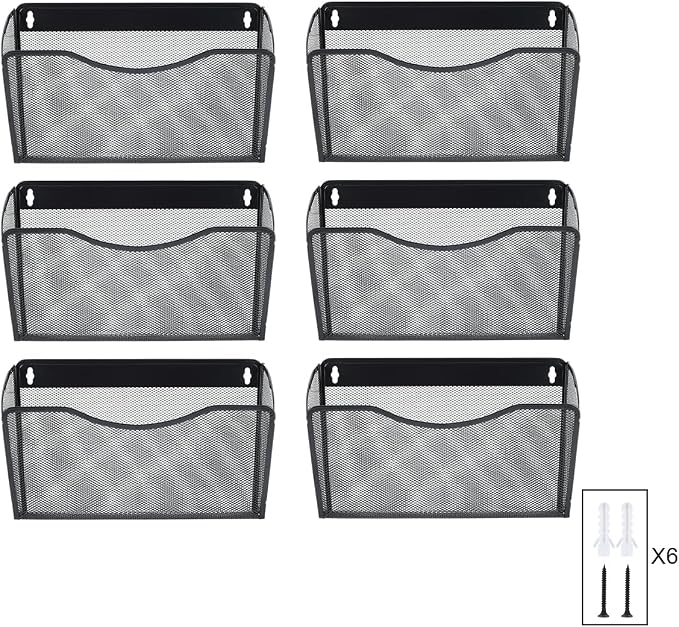 6 Pockets Wall File Organizer Metal Mesh Hanging Document Paper Holder Wall Mount Magazine Rack for Business Home Office Classroom, Black