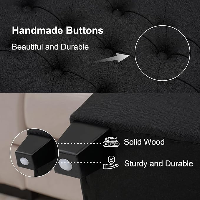 51" Storage Ottoman for Bedroom & Living Room, End of Bed Bench with Black Wooden Legs, Linen Upholstered Tufted Ottoman, Entryway Storage Bench, Black