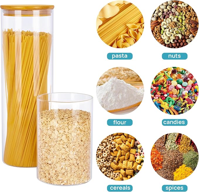 Vtopmart Glass Food Storage Jars, 7 Pack Kitchen Containers with Airtight Bamboo Wooden Lids for Pasta, Cookies, Nuts, Coffee Beans, Cereal, Canisters Set for Flour, Pantry Organization, BPA Free | 7-Pack Multi-Size Canisters Set for Pasta, Cookies, Nu...