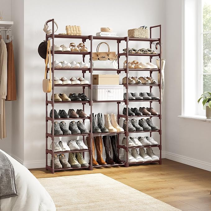 WOWLIVE 9 Tier 3-Column Shoe Rack, 50-55 Pairs Stackable Brown | 50in long for larger entryways. Removable shelves fit tall boots. Split into multiple units for garage/closet.