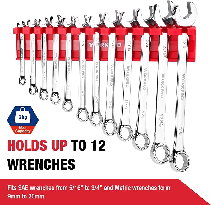 WORKPRO 2-Piece Magnetic Wrench Organizer, 24 Slots Wrench Holder | Fits SAE (5/16" to 3/4") and Metric (9 mm to 20 mm), Premium Quality Wrench Rack Set to Keep Wrenches Organized