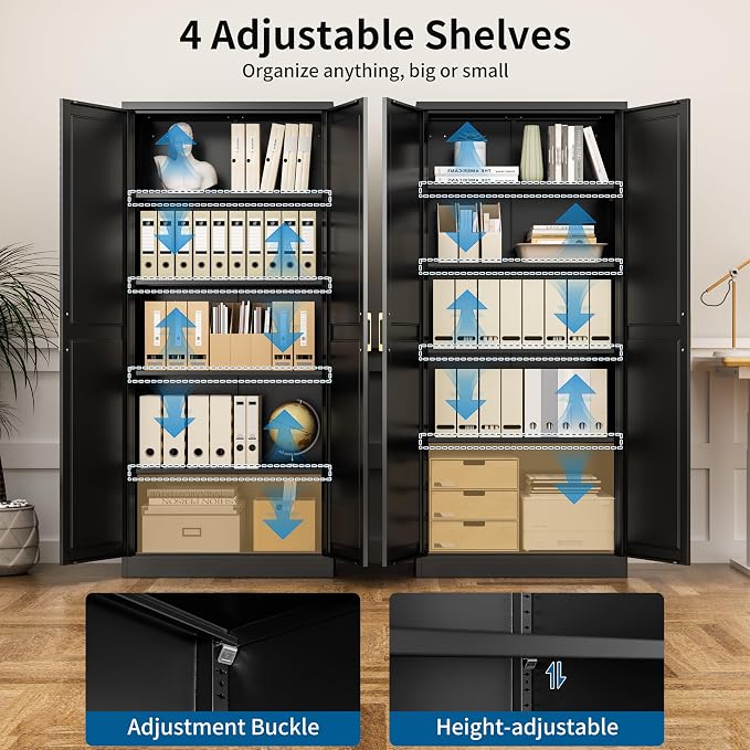 71" Tall Black Metal Storage Cabinet with Doors, Heavy Duty | Freestanding Steel Kitchen Pantry Cabinet, 4 Adjustable Shelves (180 Lbs Load), Tall Cabinets for Home, Office and Garage