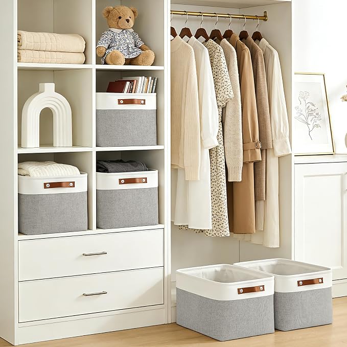 Bagnizer Storage Bins Large Fabric Storage Baskets for Shelves 3 Pack, Decorative Linen Closet Baskets with Handles for Organizing, Shelf, Clothes, Home, Office, 15x11x9.5Inches (Grey&White)