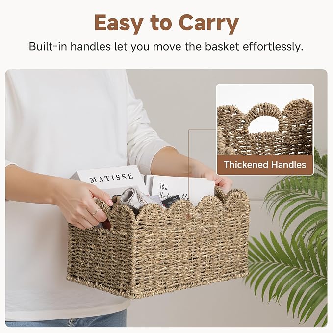 StorageWorks Seagrass Hyacinth Baskets, Hand-woven Rattan Baskets with Built-in Handles, Cute Baby Basket for Nursery, Basket for Organizing and Decor, 13"L x 8¼"W x 7"H