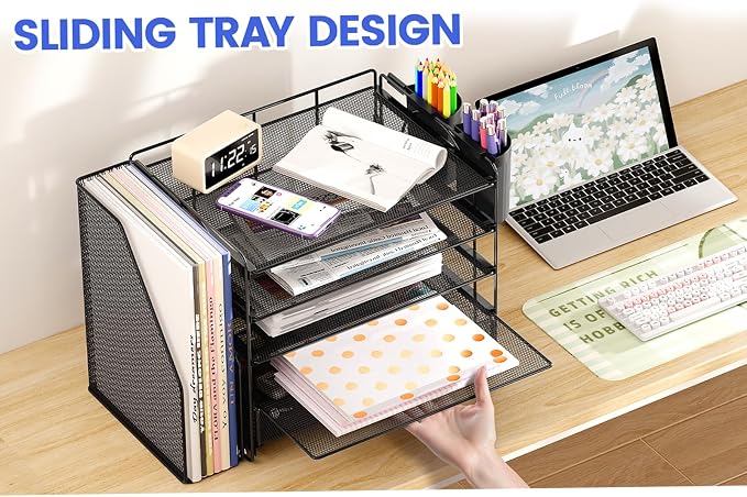 OPNICE Desk Organizer, 5-Tier Desktop File Organizer with Drawer and Pen Holders, Office Desk Accessories, File Sorters, Workspace Organizers for Office Supplies(Black)