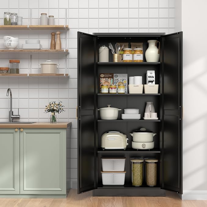 UNICOLY 71" Kitchen Pantry Cabinet, Metal Pantry Storage Cabinet with Doors | Tall Storage Cabinet with 4 Shelves, Black Storage Cabinets for Kitchens, Living Room, Dinning Room, Assembly Required