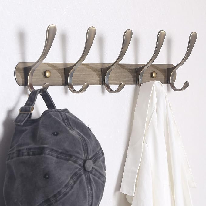 SKOLOO Modern Metal Wall Coat Rack with 5 Hooks, Sturdy Wall Hook Rack for Hanging Jacket, Clothes, Hat, Bronze