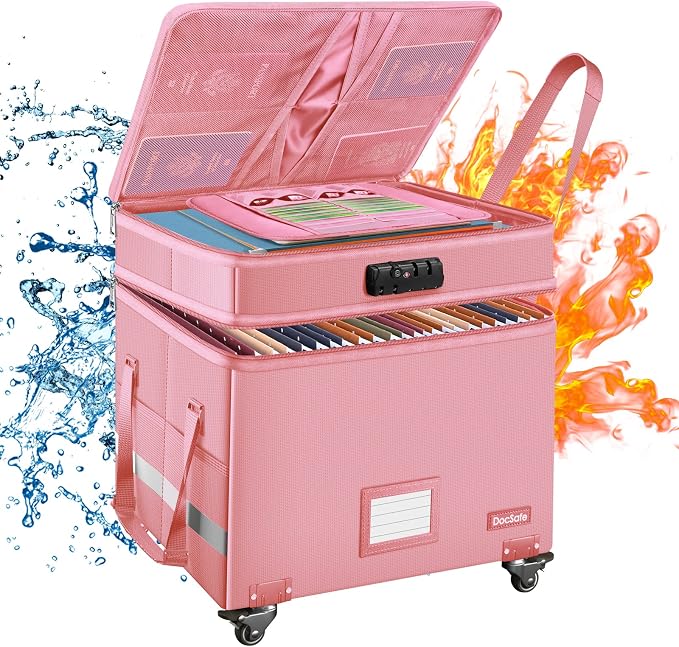 DocSafe File Box with Lock,2-Layer Fireproof Document Box with Wheels,Collapsible Rolling File Storage Organizer with Pockets,Large Portable Home Office Filing Cabinet Safe for Hanging Folders,Pink