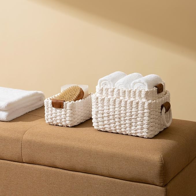 LA JOLIE MUSE Small Wicker Baskets for Organizing, White 3 Pack | Decorative Organizer with Vegan Leather Tag, Round Handle, Storage Baskets for Shelves, Bedroom, Kitchen, Office and Home