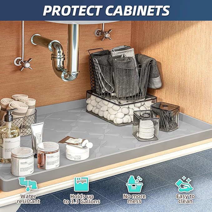 SIKADEER Waterproof Under Sink Mat Food-Grade Kitchen Shelf Liner 40" x 19" | Thick Raised Edge Cabinet Protector, BPA Free Kitchen Organizer and Storage, Non-Slip Dog & Cat Mat, Silicone Drying Mat