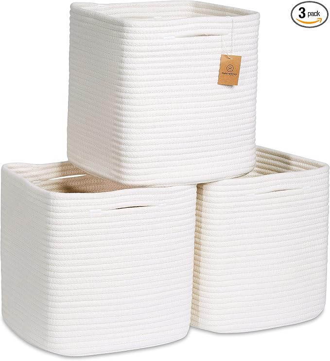 NaturalCozy Storage Cubes 11 Inch Cotton Rope Woven Baskets for Organizing, 3-Pack | Cube Storage Bin | Square Storage Baskets for Shelves Organizer, Classroom, Kids Toy Bins, Closet, Baby Nursery