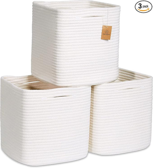NaturalCozy Storage Cubes 11 Inch Cotton Rope Woven Baskets for Organizing, 3-Pack | Cube Storage Bin | Square Storage Baskets for Shelves Organizer, Classroom, Kids Toy Bins, Closet, Baby Nursery