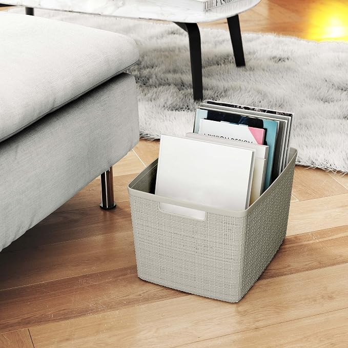 Large Beige Decorative Storage Basket With Woven Jute Look Design, Cutout Handles, 14" X 11" X 9" Organizer For Closet, Bathroom, Kitchen, Office And Home Storage