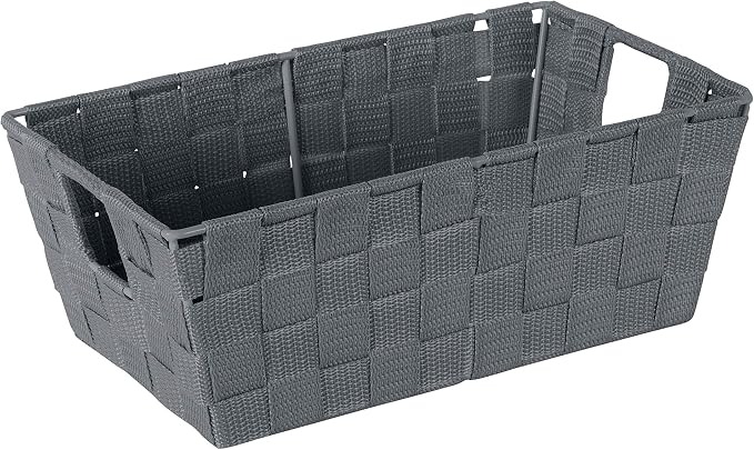 Simplify Small Shelf Woven Strap Tote | Decorative Storage Basket | Built in Handles | Organization | Closet | Bedroom | Bathroom | Nursery | Accessories | Toys | Gifts | 4 Pack | Grey