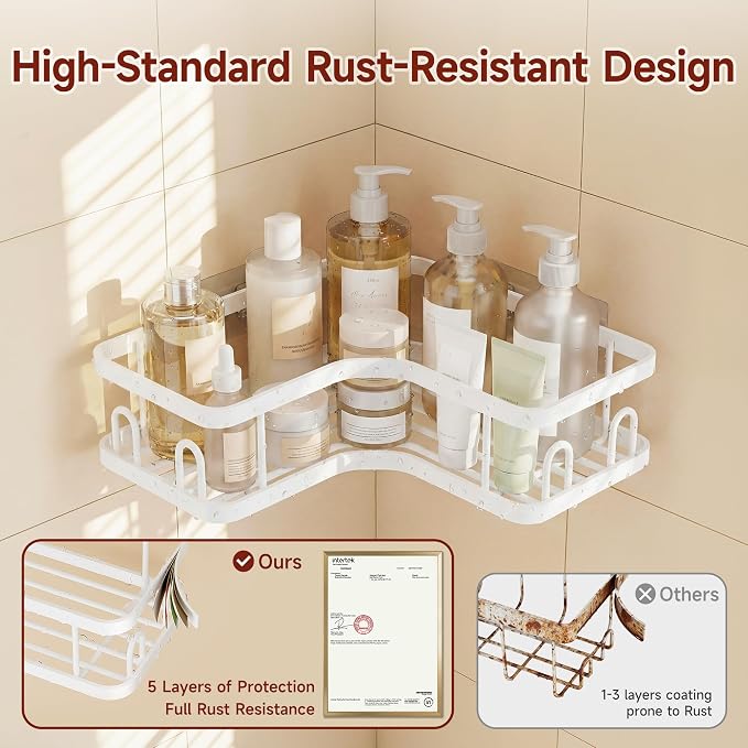 Veken Corner Shower Caddy 3-Pack, Advanced Rustproof Design&Stable Storage | No Drilling Adhesive Shelves, Rack with Soap Holder & Hooks, Thickened Metal Frame, Bathroom Organizers and Storage, White