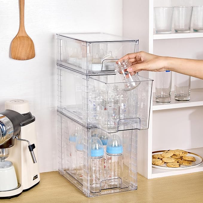 Vtopmart 3 Pack Clear Stackable Storage Drawers,Easy to Assemble Bathroom Organizers and Storage with handles,Plastic Drawers for Kitchen Pantry,Cabinet,Under Sink Organization | Tall, Medium and Small Pull-Out PET Drawers with Stackable Design for Bat...