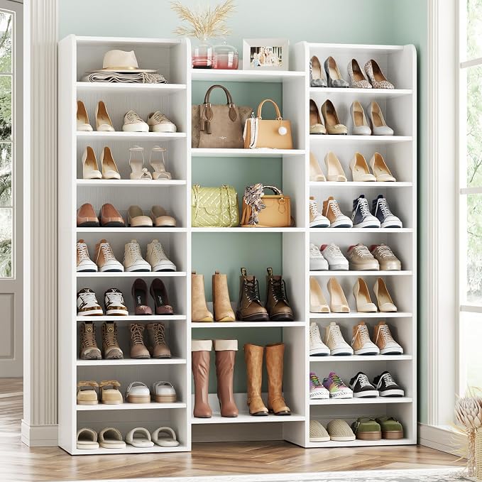 Unikito 14-Tier Wood Shoe Cabinet Storage Organizer with Cubbies, White | Freestanding Shoe Rack Shelf Featuring 22 Open Slots for Entryway, Front Door Entrance, Hallway, Living Room, Bedroom