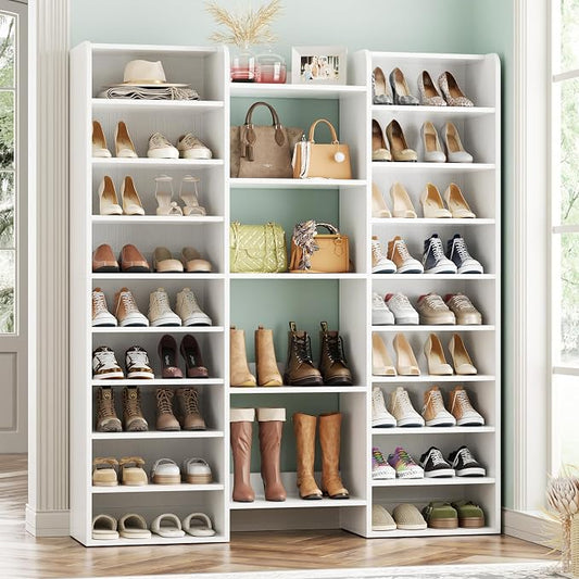 Unikito 14-Tier Wood Shoe Cabinet Storage Organizer with Cubbies, White | Freestanding Shoe Rack Shelf Featuring 22 Open Slots for Entryway, Front Door Entrance, Hallway, Living Room, Bedroom
