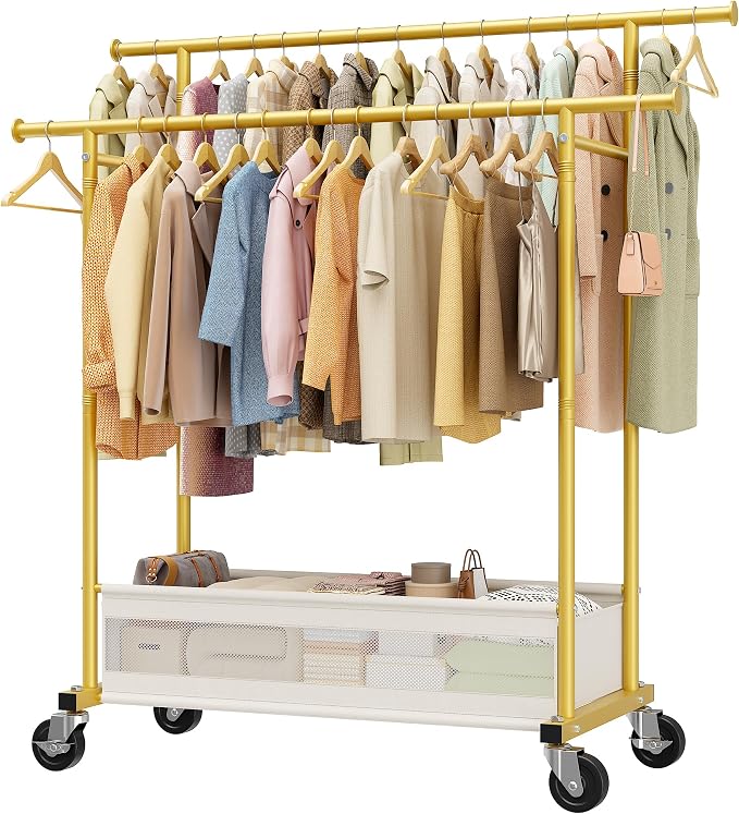 Clothes Rack 210 LBS Double Rods Extra Storage Basket | Rustproof Coated Steel, Anti-bending Design, 360° Sturdy Wheels, 10-Min Tool-Free Assembly, Metal Garment Rack for Home