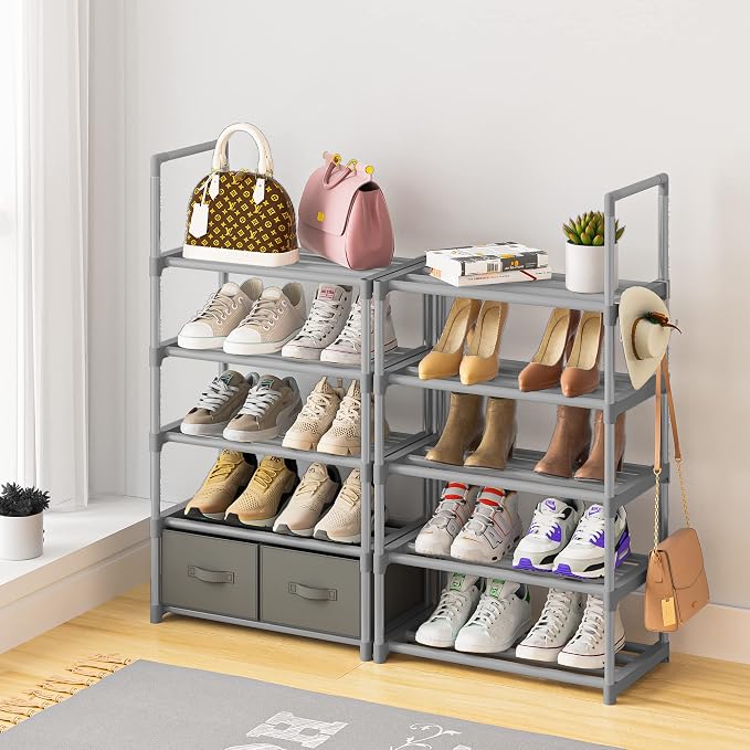 Shoe Rack Sturdy Metal 10 Tier Shoes Rack Organizer + 2Boxes 1Hook | Narrow Space Saving Shoe Storage Shelf for Closets, Tall Shoe Stand for Entryway, Living Room